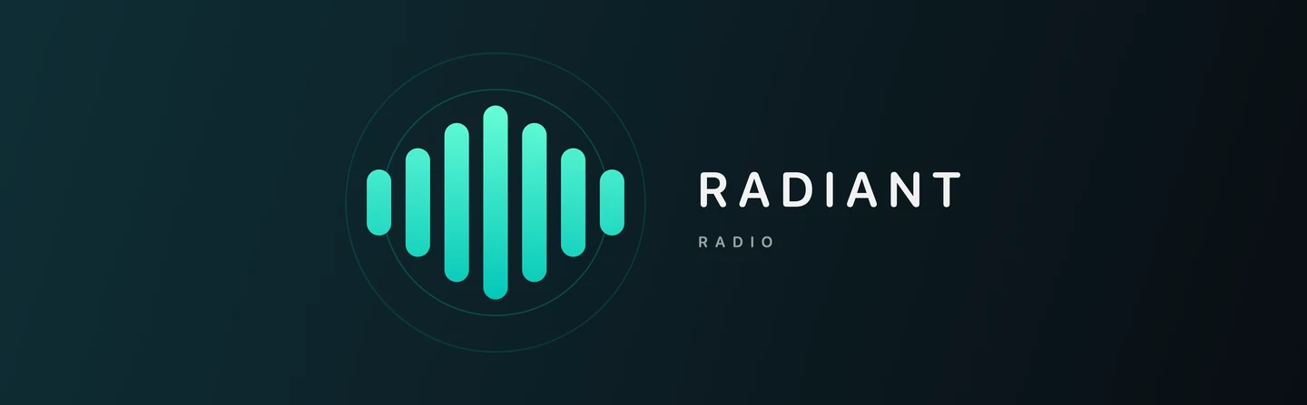 Radiant Radio artwork with glowing radio rings and a mint equalizer